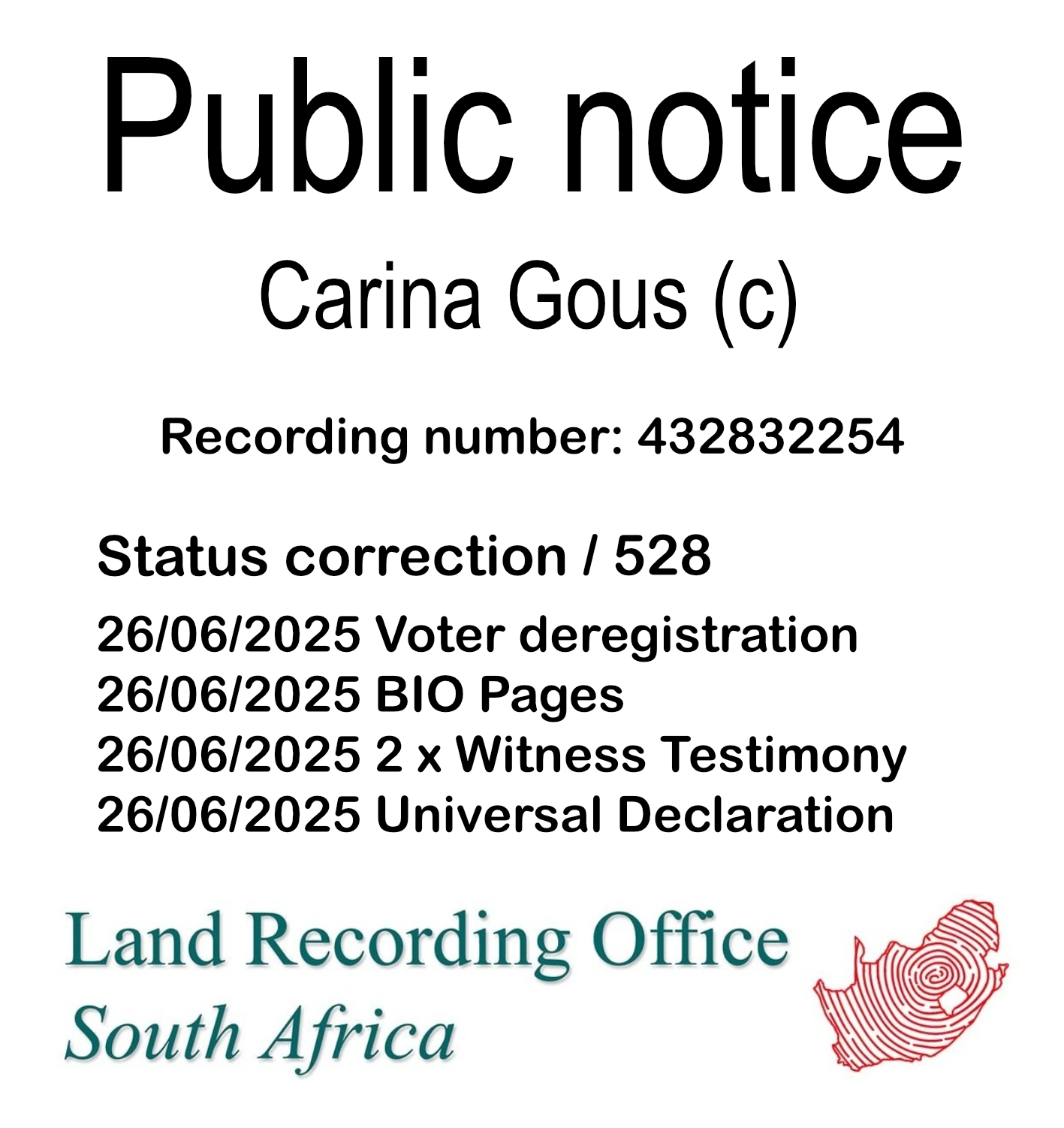 Public notice Carina Gous (c) Recording number 432832254